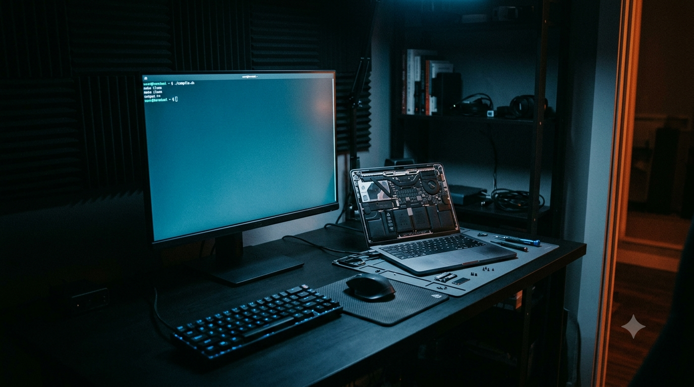 Dark desk setup with terminal monitor and laptop